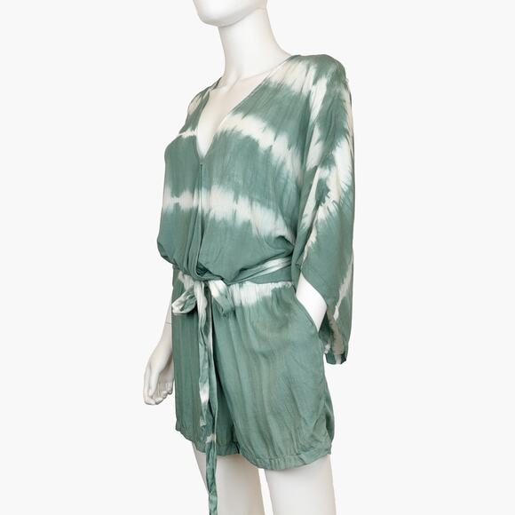 NWT FLAWLESS Faux Wrap Tie-Dye Kimono Romper with Waist Tie (Green | Size M) - Picture 2 of 9